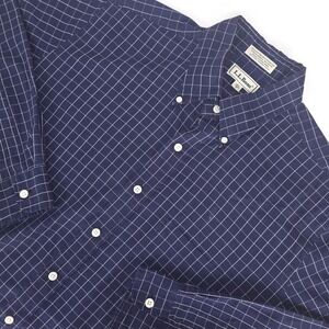 LL Bean Button Down Shirt Mens Large Navy Blue Check Long Sleeve Office Business